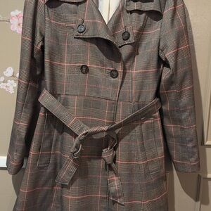 H&M Gray Plaid Trench Coat with Pink Windowpane